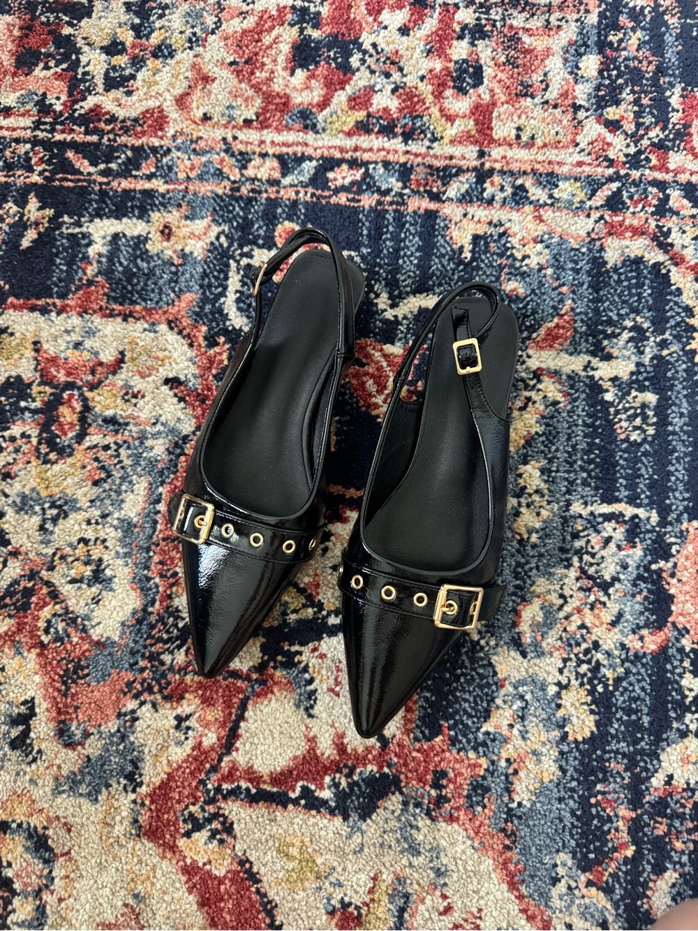 Black Patent Pointed Slingback Flats with Gold Buckle